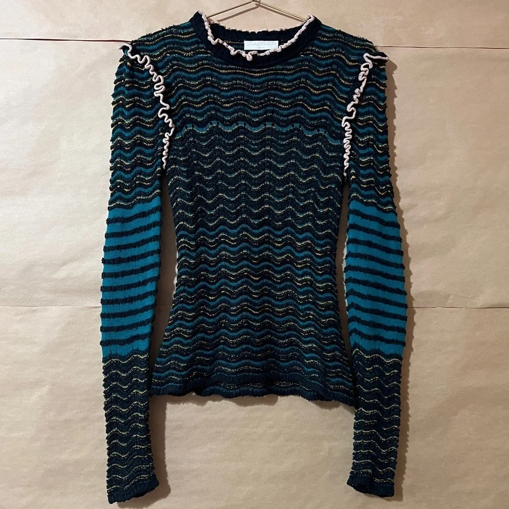 Ulla Johnson | Shirin Pullover Malachite Cosmic Wave Knit Sweater Ruffle Size S